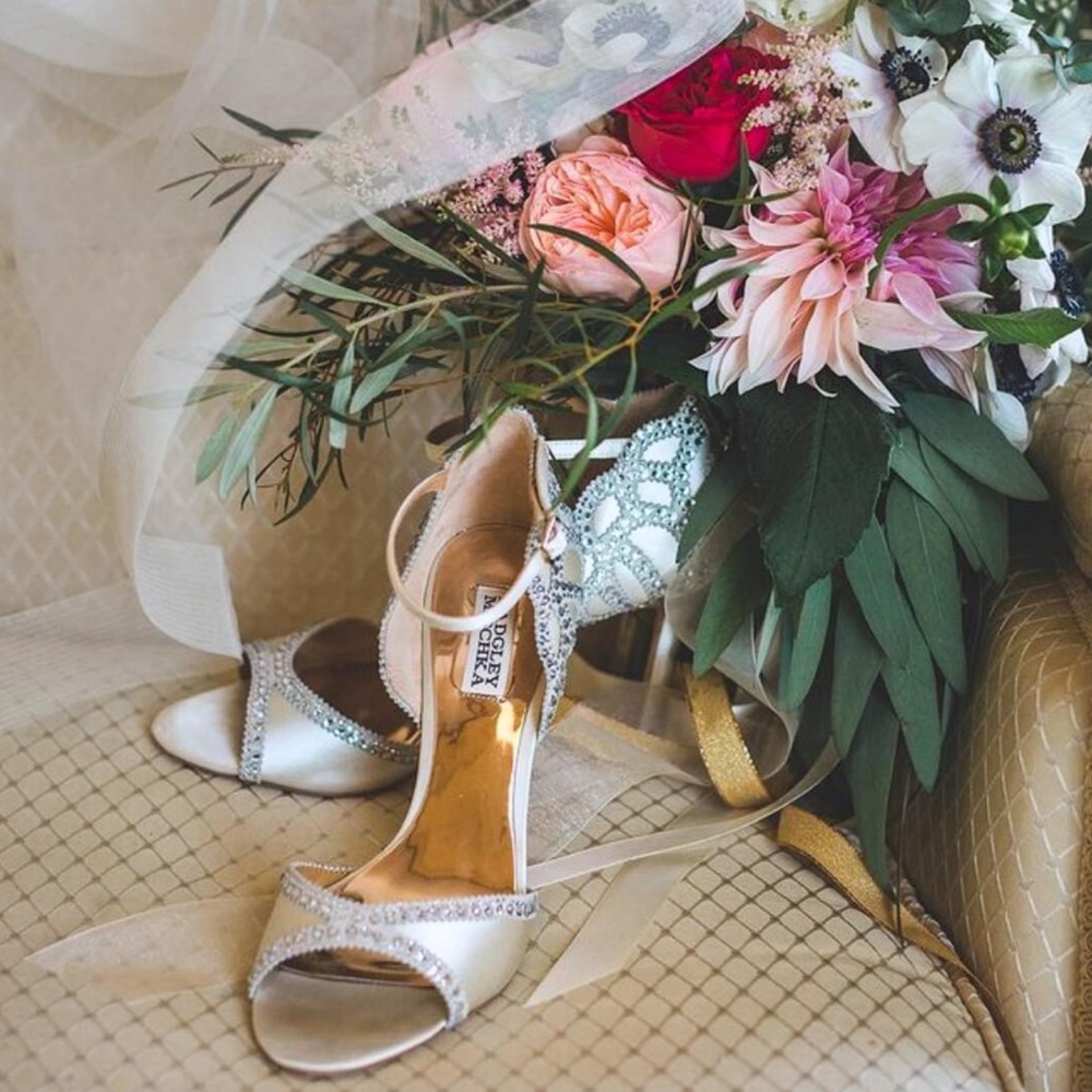 Badgley Mischka Silver and Gold Embellished Open-Toe Heels